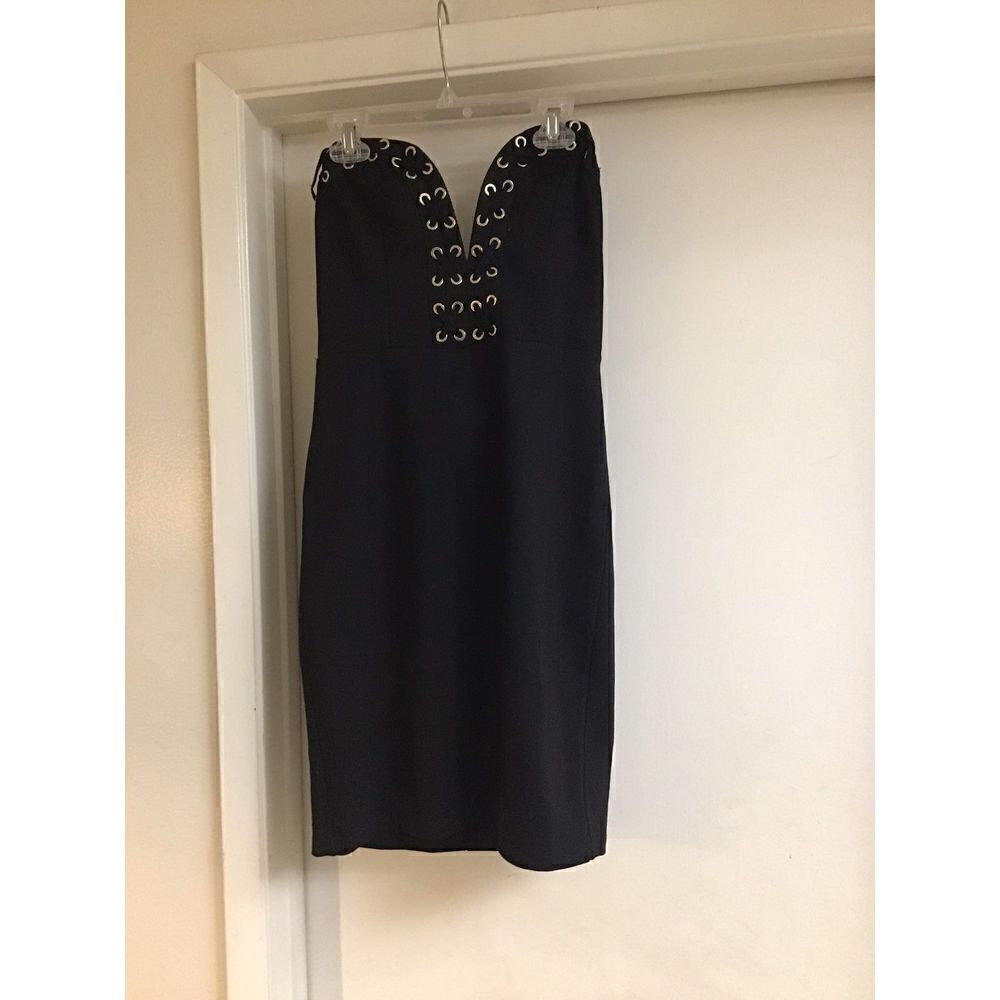 NWOT~Forever 21 Black & Silver Grommet Lace Up Bodice Strapless Mini Dress Sz L